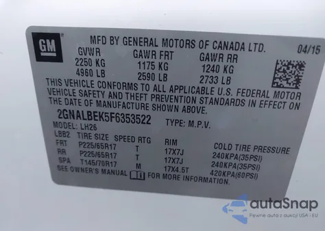 2015 Chevrolet Equinox 1Lt z USA, uszkodzony, nr VIN 2GNALBEK5F6353522